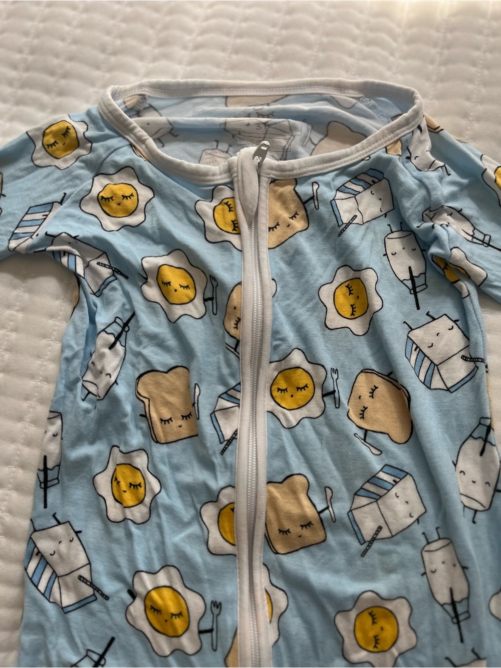 Little Sleepies Light Blue Zip-Up with Breakfast Characters *note small spot